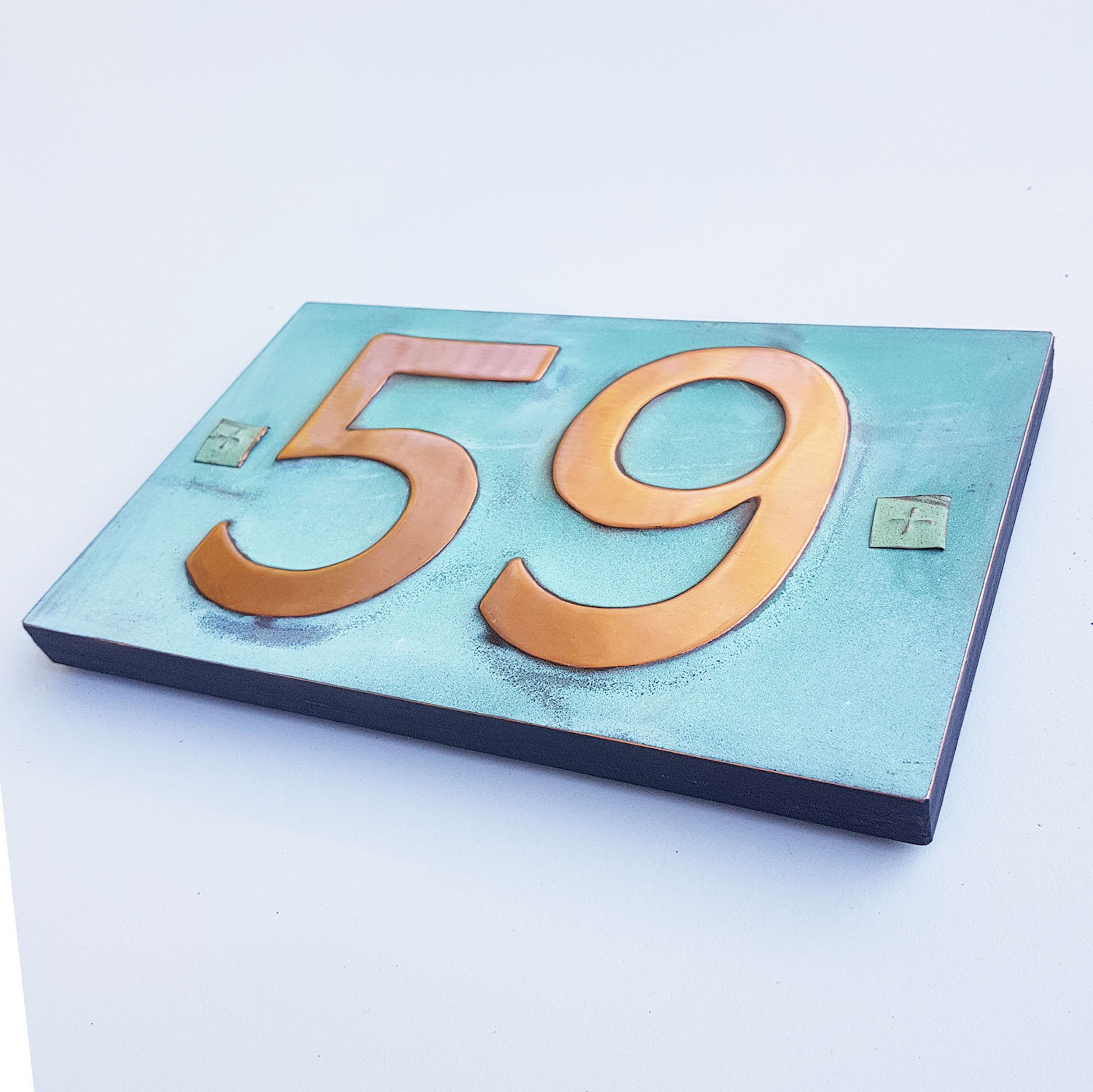 Copper house number plaque with plywood back for easy screw fixing 3