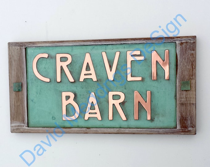 Arts and Crafts Copper sign in Mission Mackintosh font with oak frame in 2" high letters Shp