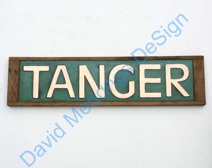 Modern House Sign Names Oak and real Copper 1x line in CAPITALS 3"/75 mm high Antigoni hug