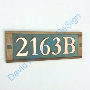 Traditional serif metal address plaque polished and lacquered, oak framed hammered or patinated copper 5x 100mm/4 high numbers hgu image 3