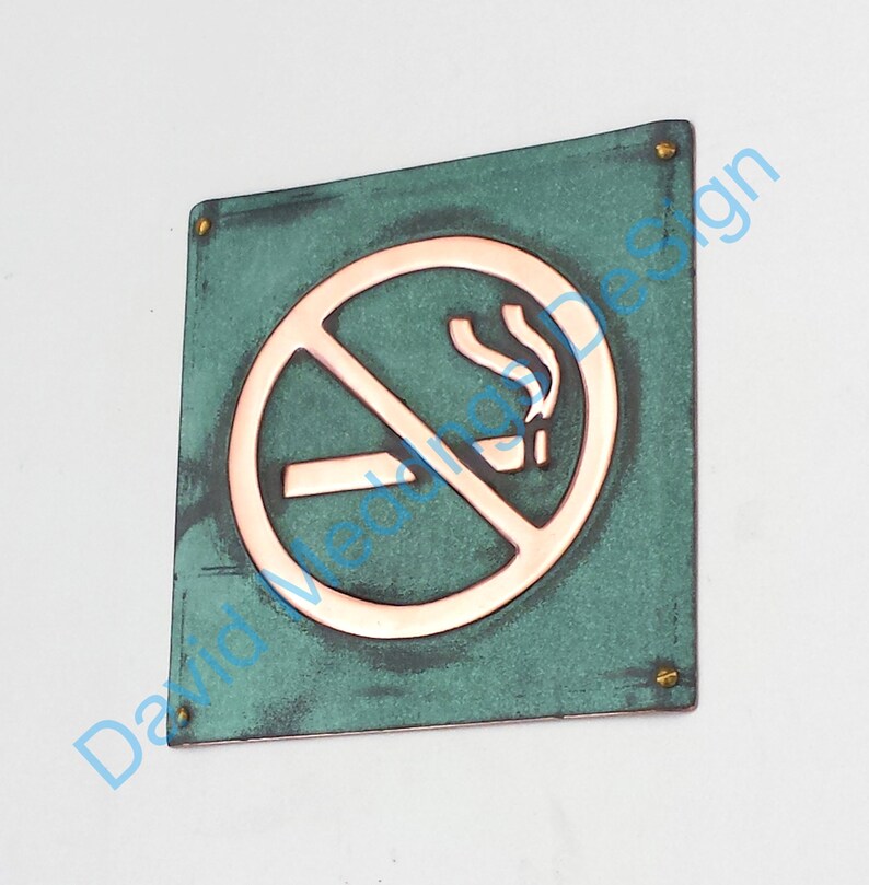 No Smoking sign Plaque in patinated or hammered copper 4.2/105mm square hgt Green Copper