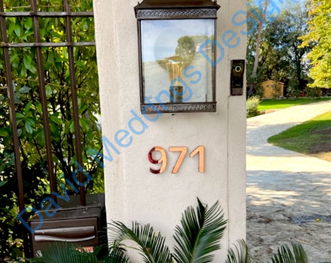 House numbers  in polished or green patinated  Copper floating  6"/150 mm high in Antigoni font gpS