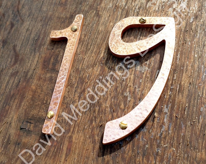 Art Nouveau style Copper numbers  polished, hammered or brushed, 3"/75mm or 4"/100mm high Rivanna font tS
