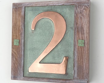 Traditional Yard Garden House plaque Sign 1-3x numbers 6"/150mm in Copper with oak frame - post optional  in Garamond hgt