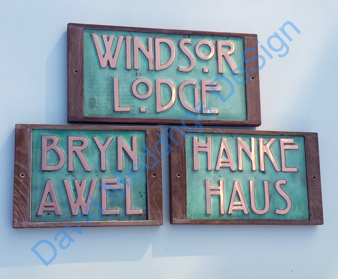 Arts and Crafts Copper House Sign With Oak Frame in 3/75mm High Letters