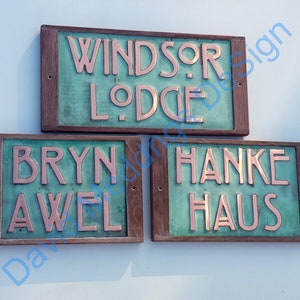 Arts and Crafts Copper house sign with oak frame in 3&quot;/75mm high letters hgs