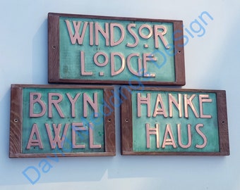 Arts and Crafts Copper house sign with oak frame in 3"/75mm high letters hgs