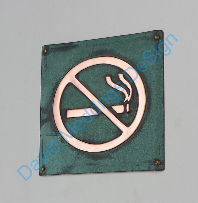 No Smoking sign Plaque in patinated or hammered copper 4.2/105mm square hgt image 4