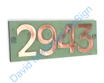 Modern Style House number plaque in copper with plywood back, 4x nos 3"/75mm or 4"/100mm in Antigoni hug