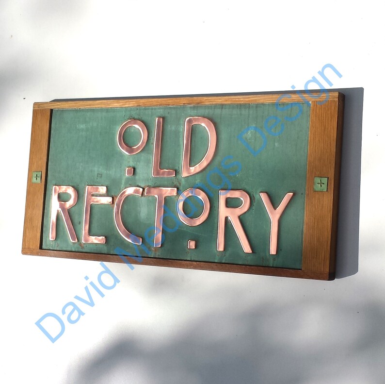 Arts and Crafts Copper house sign with oak frame in Etsy