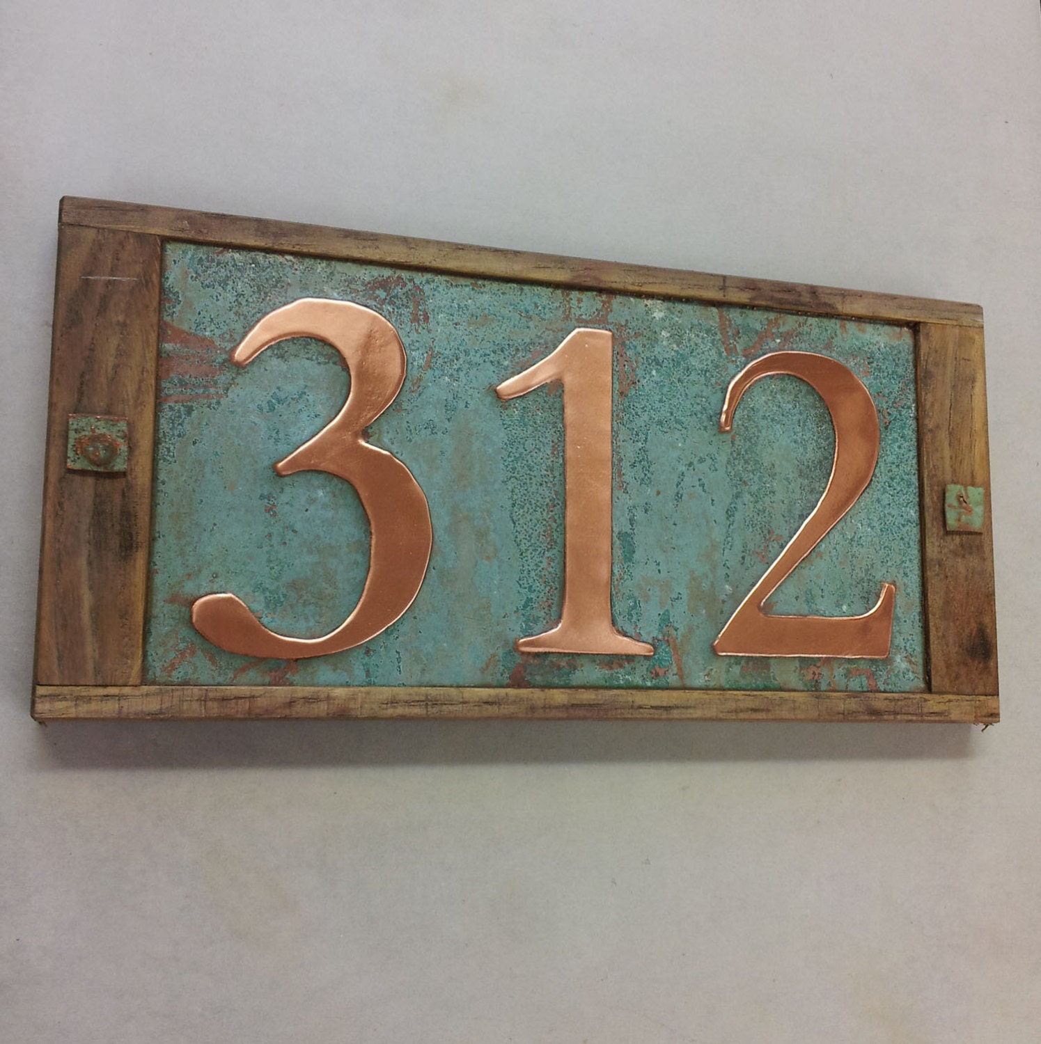 Oak wood and copper house numbers x 3 3 75mm or 4 100mm high polished and lacquered g