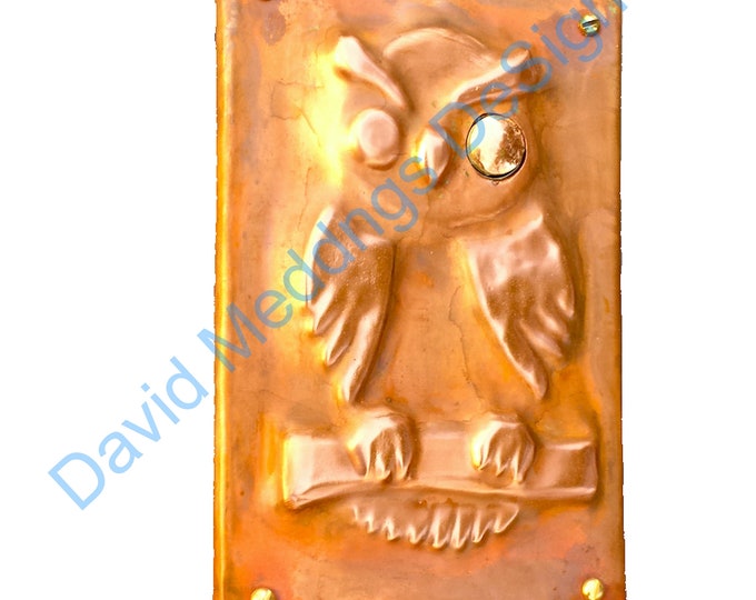 Owl Door Bell Push Button in Copper,  design inspired by medieval door furniture, handmade, for 12/24v DC supply