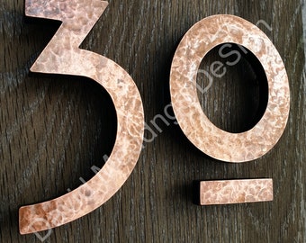 Large Mission Mackintosh style floating numbers in copper, 9"/228mm high in polished, hammered or brushed t5phb