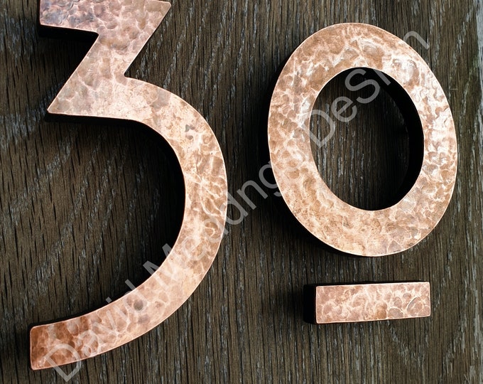 Large Mission Mackintosh style floating numbers in copper, 9"/228mm high in polished, hammered or brushed t5phb