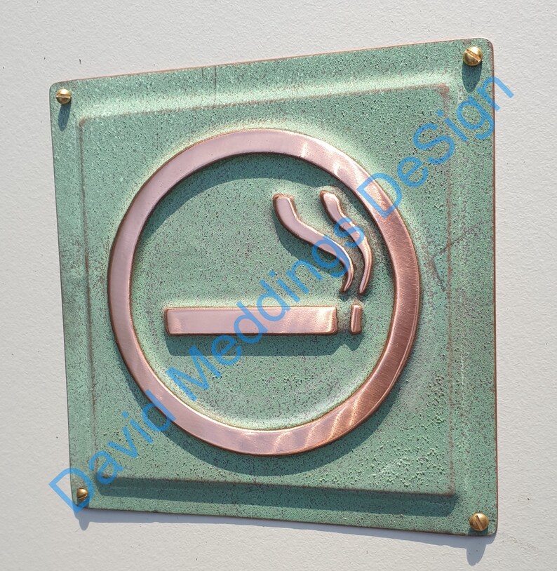 No Smoking sign Plaque in patinated or hammered copper 4.2/105mm square hgt image 5