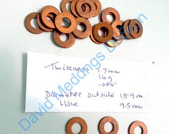25x Copper washers blanks   25x 9.5mm/ .37" hole, outside Dia. 19mm/.75", thickness 1.7mm/14g/.065"s