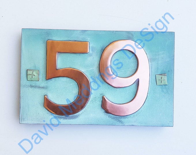 Copper house number plaque with plywood back for easy screw fixing  3"/75mm or 4"/100 mm high 2x nos in Antigoni hg