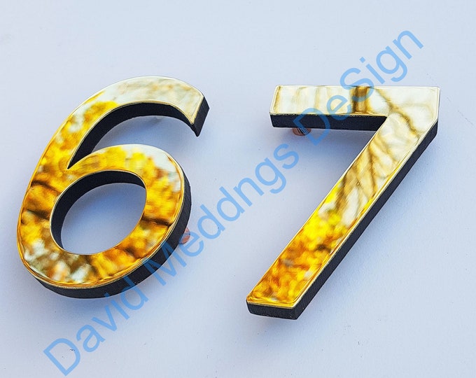 Brass Modern style floating numbers  3"/75mm or 4"/100mm high Antigoni font polished, hammered or brushed finish thubp