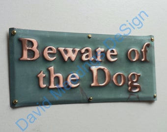 Beware of the Dog sign plaque in hammered or patinated/green copper -  1" high Garamond font - Custom orders welcome through link hg