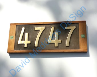 Brass and Oak framed Mission Mackintosh Style address plaque in 4x nos 3"/75mm or 4"/100mm high