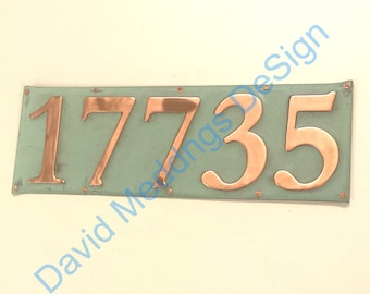 Traditional Arts Crafts green or hammered copper House sign 5x 3"/75mm or 4"/100mm in high in Garamond hugs