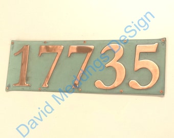 Traditional Arts Crafts green or hammered copper House sign 5x 3"/75mm or 4"/100mm in high in Garamond hug