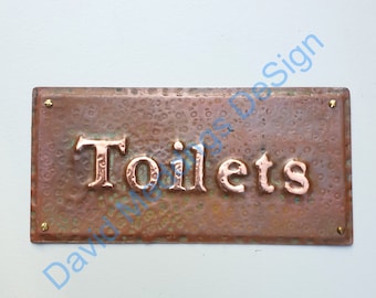 Toilets lavatory washroom copper notice sign Plaque in 1"/25mm high Garamond in hammered or patinated/green hgss
