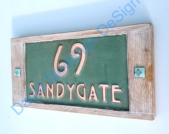 Copper Arts and Crafts name plaque and Oak frame House Sign 3"/75 mm high number, 1" high letters hugt