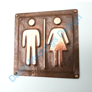 Unisex Plaque patinated or hammered copper toilet lavatory washroom sign  4.2""/105mm square hgs