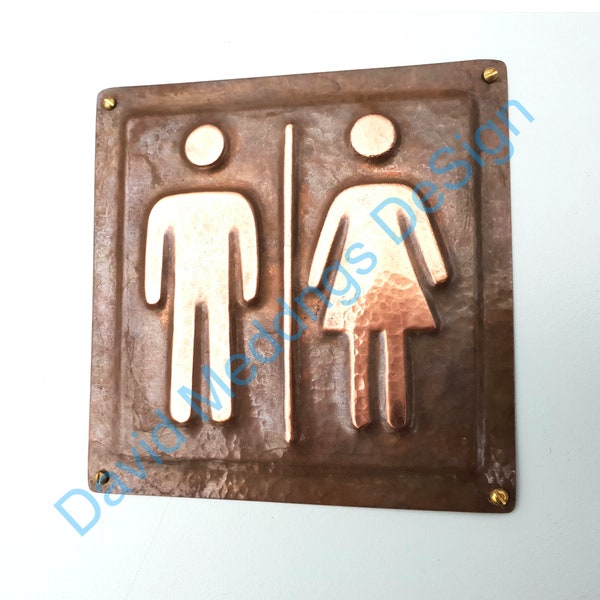 Unisex Plaque patinated or hammered copper toilet lavatory washroom sign  4.2""/105mm square hgs