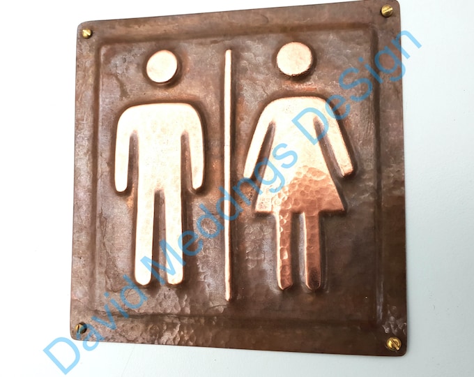 Unisex Plaque patinated or hammered copper toilet lavatory washroom sign  4.2""/105mm square HUG