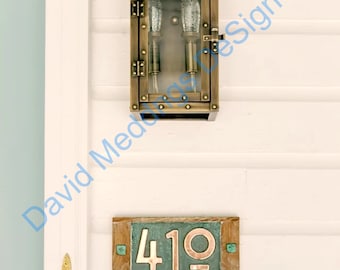 Mission Mackintosh style address plaque in Oak and Copper 3x nos 3"/75mm or 4"/100mm high numbers hg