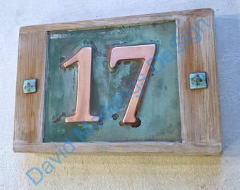 number 17 seventeen only - IN STOCK House number plaque in green copper with limed oak frame Garamond 2x 3"/75mm  high numbers g