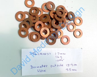 70x Copper washers blanks 25x 9.5mm/ .37" hole, outside Dia. 19mm/.75", thickness 1.7mm/14g/.065" s