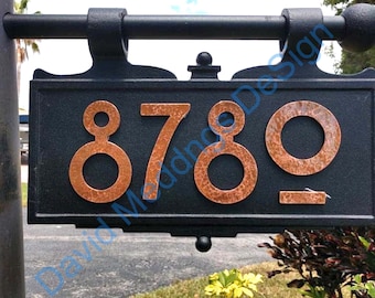 Copper house numbers in Mission Mackintosh style in polished, hammered  or brushed finish 3"/75mm or 4"/100mm high  hubp