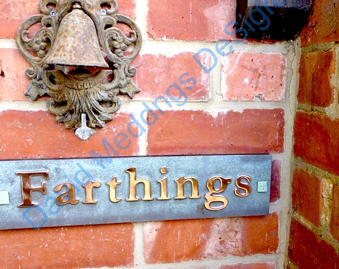 Upcycled gift House Address Plaque in Copper on 1x line 2"/50mm high characters in Garamond, plywood backed hgs