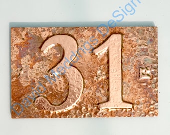 Copper house plaque with plywood back with easy screw fixing 2x nos. 3"/75mm or 4"/100 mm high in Garamond hgs