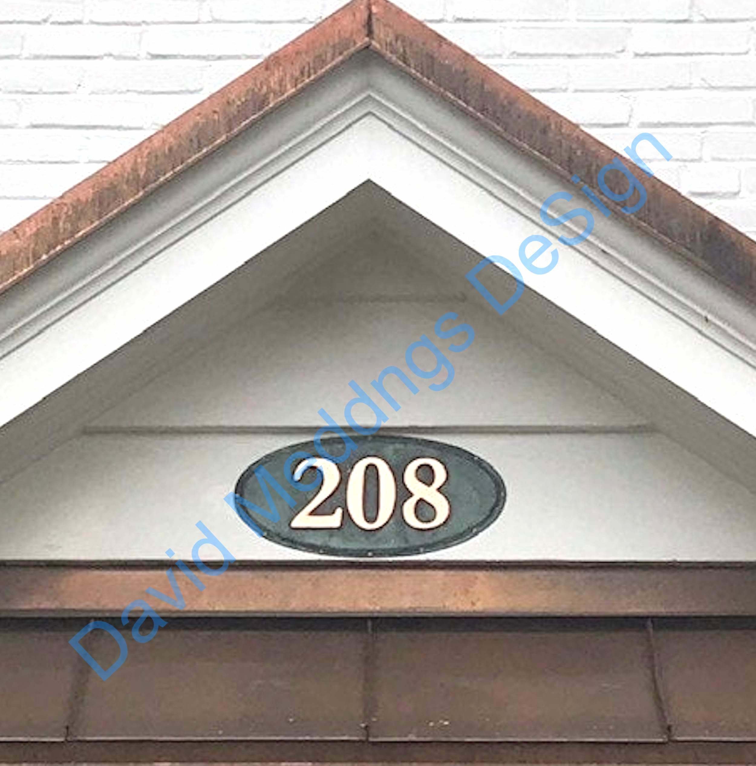 Oval green copper House number plaque with plywood back in 1 5x nos 3