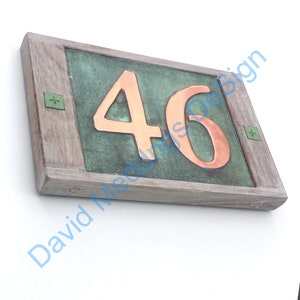 House number plaque in copper with limed oak frame Garamond 2x 3"/75mm or 4"/100 mm high numbers hgS