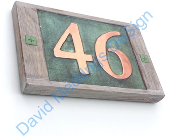 House number plaque in copper with limed oak frame Garamond 2x 3"/75mm or 4"/100 mm high numbers hug