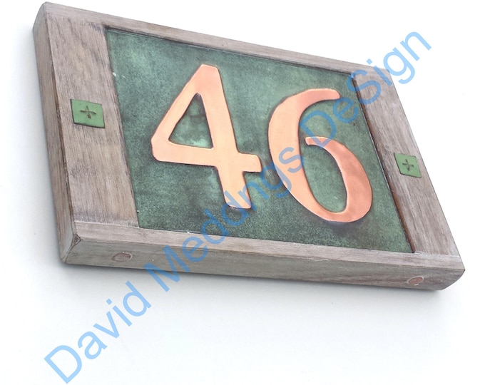 House number plaque in copper with limed oak frame Garamond 2x 3"/75mm or 4"/100 mm high numbers hgS