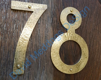 Brass house numbers in Mission Mackintosh style in polished, hammered or brushed finish 6"/150mm high  hst