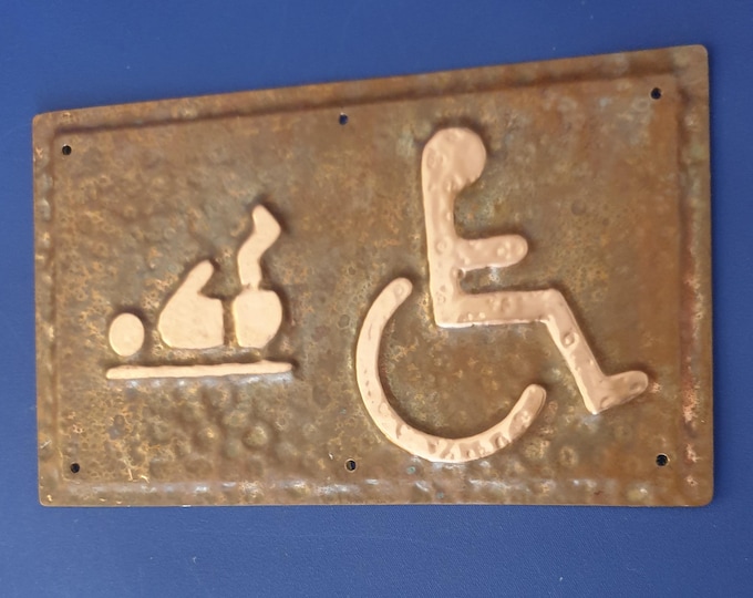 Copper Baby changing and Wheelchair user disabled toilet lavatory sign 4.2"/105mm high in patinated or hammered finish hgalt