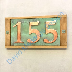 Oak Wood and Copper House plaque 3x 3"/75mm or 4"/100mm numbers, polished and lacquered Garamond Serif font hg