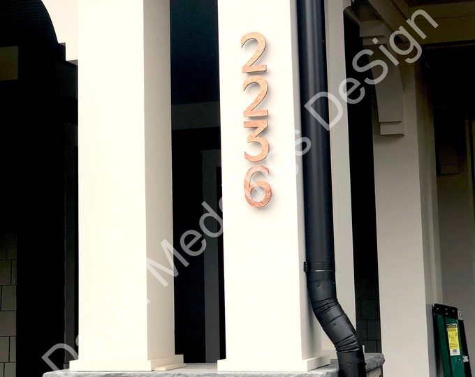 Modern hammered or brushed copper House numbers floating, 6"/150mm high in Antigoni thbs