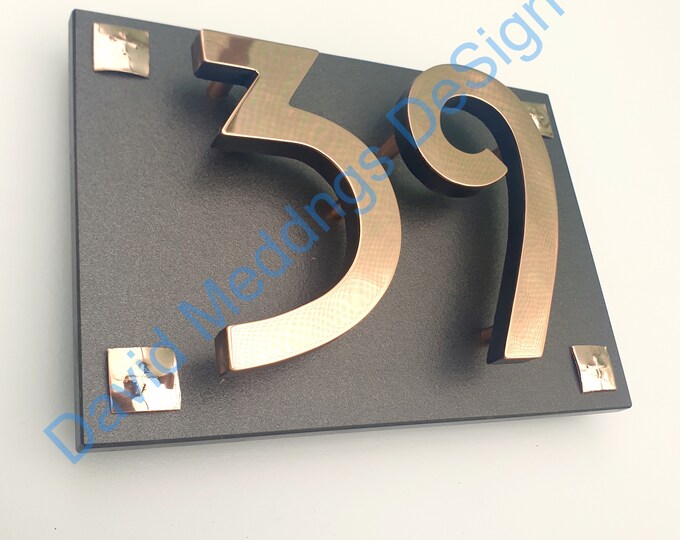 Floating Mission copper Mackintosh 4"/100 mm high house numbers on backboard  in polished, hammered or brushed  hupb