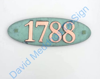 Oval copper House number plaque with plywood back in  1 - 5x nos  4"/100mm high in Garamond hg