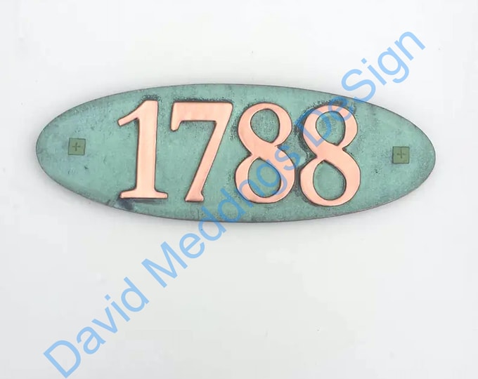 Oval copper House number plaque with plywood back in  1 - 5x nos  4"/100mm high in Garamond hg