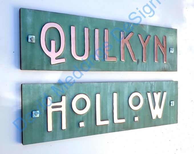 Upcycled Arts and Crafts House Address Plaque in Copper 2"/50mm high characters in  Mission/Mackintosh, plywood backed hgns