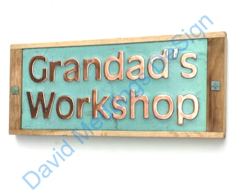 Oak framed House sign plaque in pressed Copper in 2" high Antigoni on 2 lines hg